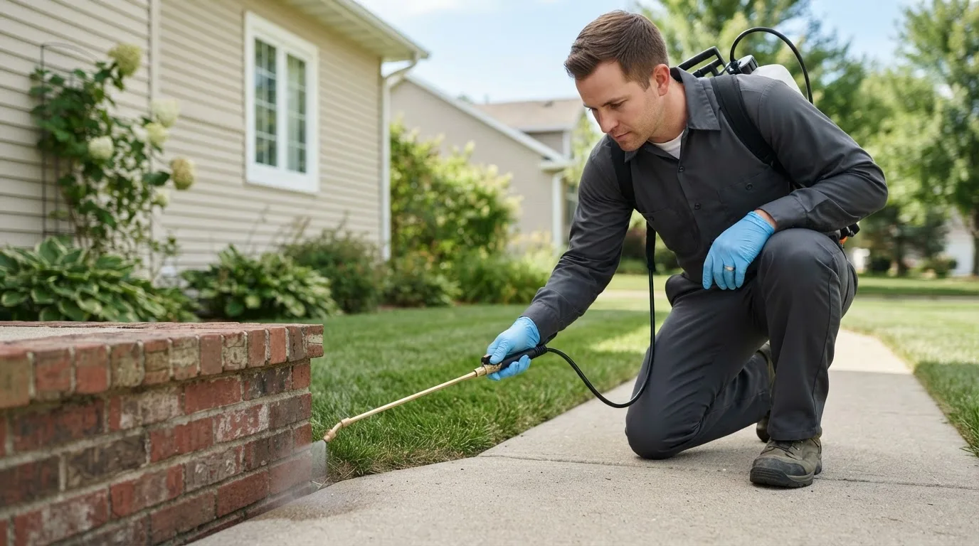 Pest control technician treating a home near North Lawrence, NY